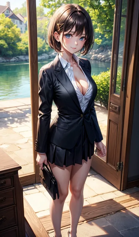 1girl, full body, summer, trees, house, fantasy landscape, water, light brown hair, short hair, large full breasts, dark blue eyes, ((black blazer)), ((white silk shirt)), ((unbuttoned shirt)), ((unbuttoning shirt)), ((cleavage)), black mini skirt, smile, ...