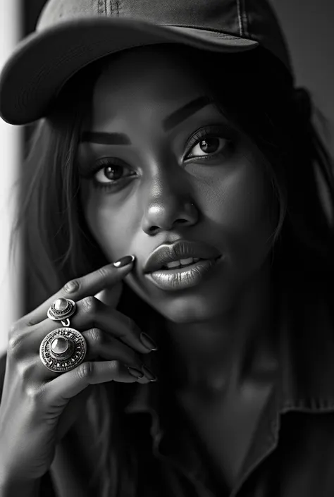 

The image is a black and white portrait of a beautiful black women with a thoughtful expression.
She has a dark complexion, a prominent nose, and thick eyebrows.
His eyes are large and dark, and he is wearing a baseball cap.
He is wearing a large ring on...