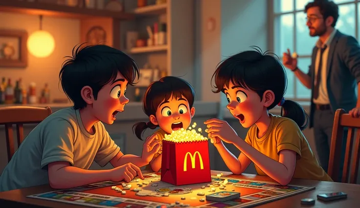 image comic style, A family excitedly opening a McDonalds bag, searching for Monopoly pieces, while a man in the background watches with a knowing smirk, high quality, realistic colors,  street light in gold and red tones, intricate drawing, 8k, 3D photogr...