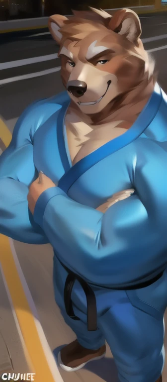  alone ,male Tall​, huge body, standing He is a martial artist in the Martial Arts.road, bear,  blue Military Spacesuit, Heavy Overload ,  Muscle Ties , smirking ,by chunie 