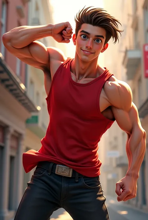 An 18-year-old man ,  Brown hair , muscular, smile, throw,  dressed in black jeans,  red sleeveless shirt , grey eyes