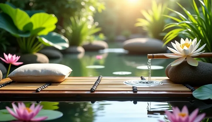 Create a meditation corner by a calm pond, featuring a bamboo mat and meditation cushion surrounded by blooming lotus flowers and small decorative plants. A small bamboo spout trickles water gently into the pond, creating soft ripples on the surface. The n...