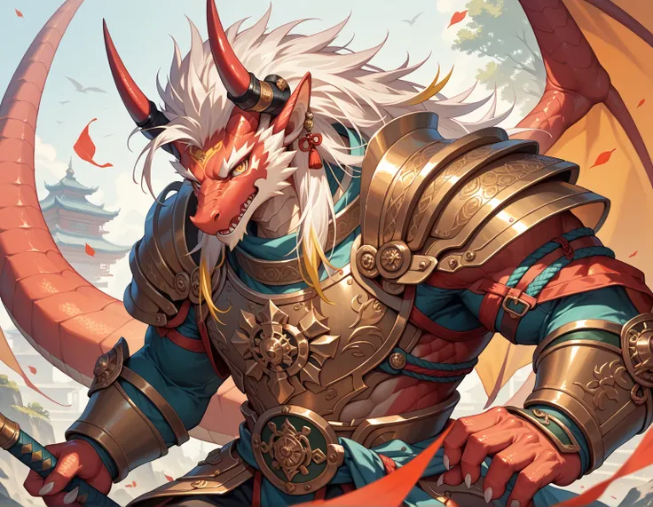 ( unique ), Male anthropomorphic oriental dragon, Red scales, Long white hair with golden highlights， golden eyes, warrior, armor, Japanese,  Muscular , 