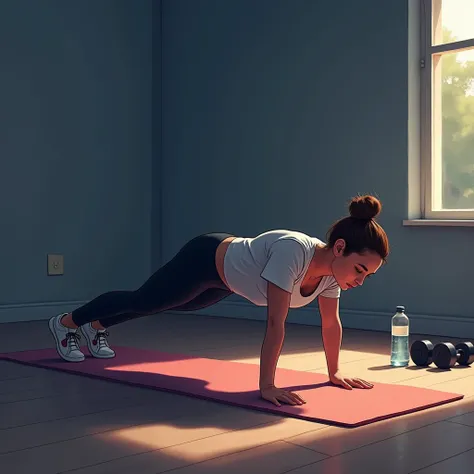 An animated, aesthetic illustration of a person mid-push-up on a yoga mat in a dimly lit room. The individual wears gym attire, including a fitted T-shirt, leggings or shorts, and sneakers, all depicted in muted, slightly dark colors to match the aesthetic...