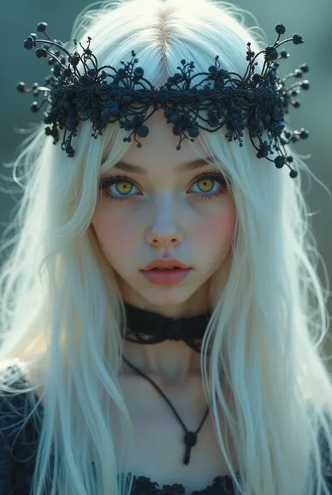  girl with white hair , Rainbow Eyes. With a black wreath on the head.