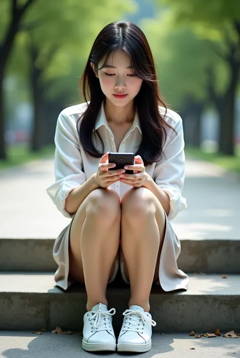 Alone, professional photorealistic image showing documents crouching, {{knees up}},{{{ from the front}}}、clear face、blouse、 midi skirt、 beige pantyhose 、{{ can see her panties}},  sneakers、Korean women 20 years old, Im sitting on a stone step in a park and...