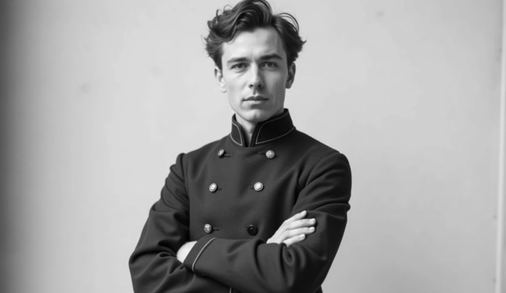 This image is a black-and-white portrait of a young man. He is dressed in a simple, traditional-style jacket with a high collar and crossed arms, giving a serious and resolute expression. The background is plain and neutral, focusing all attention on the i...