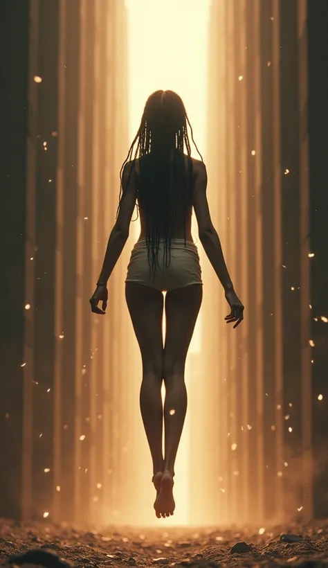 1 female, black braids,  levitating off the ground upwards within a god beam of light towards the 15 layers of dimensions, 1girl, High Resolution, Masterpiece, Anatomically Correct, Best Quality, Super Detailed, Serious, Depth Of Field, Blending, Optical I...