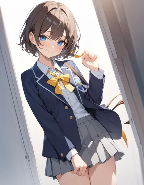 1girl, Best Quality, Very detailed,Ultra-high resolution, cowboy shot, soft focus, (smile, Kind eyes, blue eyes), small breasts, slender, {dark brown hair, Short Hair, waved hare}, ((short twin tail:1.2)), ((low twin tail:1.2)), Student Uniform, {dark blue...