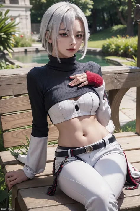 ARLECCHINO, white hair, red eyes, black long sleeved sweater, long white pants, iron belt, ((midriff, navel)), park, sitting on bench, relaxed, hands rubbing stomach, side view,  (masterpiece, high details, best quality, highres, HD, 4K, 8k, super detail)