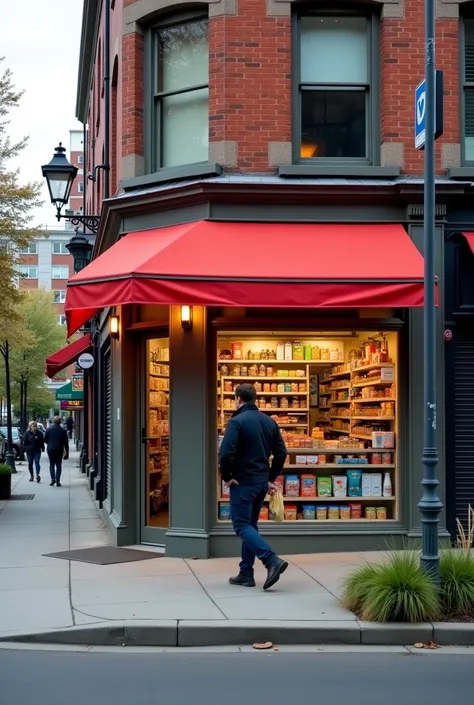 there is a man walking down the sidewalk in front of a store, shop front, photo for a store, storefront, store, photo taken from far, convenience store, fake grass, taken with sony alpha 9, peaceful environment, the store, very very low quality picture, co...