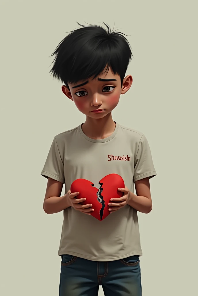 

A simple boy standing with his broken heart in his hand. He was very sad. Show name on his t-shirt shuvasish
