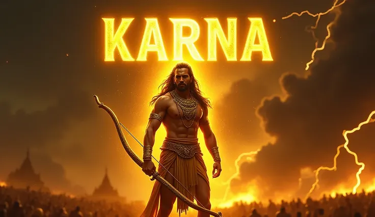 Prompt:
“Create an epic, powerful image of Karna standing on the battlefield of Kurukshetra, glowing with immense power. He is adorned in his legendary golden armor, radiating a bright golden aura. In his hands, he holds a magnificent bow with a taut strin...