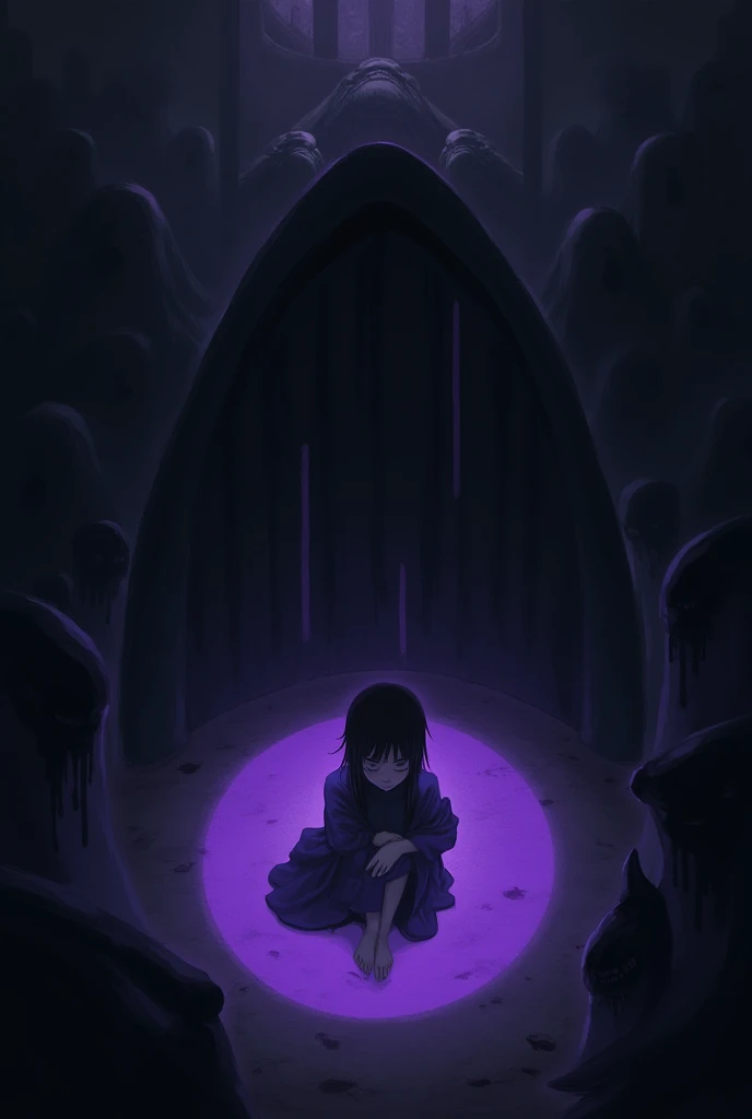 dark environment with creatures made of expressionless shadows in the scenery, a kind of purple oval ground imprisoning a girl in the fetal position, a theme similar to hollow knight