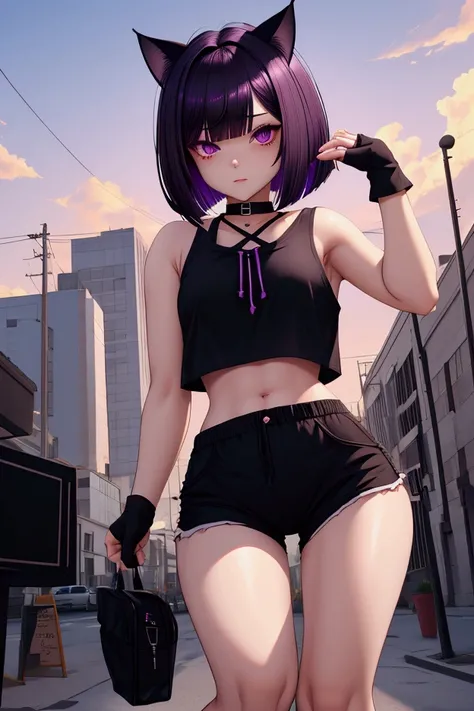 1 femboy, short bob cut dark violet hair with bangs, cat ears, sando hoodie croptop, black pants