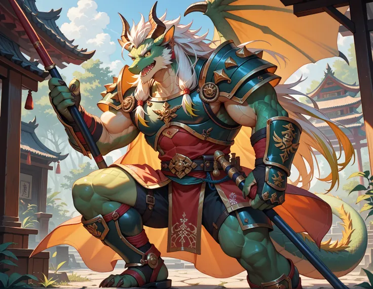 ( unique ), Male anthropomorphic oriental dragon, Green scales,  long white hair with golden highlights， golden eyes, Wooden horns ，warrior, armor, Japanese,  Muscular , 