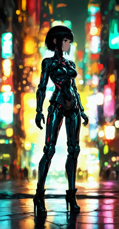 girl,robot,black hair,short hair,fron,fullbody shot, long leg,black boot,high heel,metal body, big hip,standing,cyberpunk