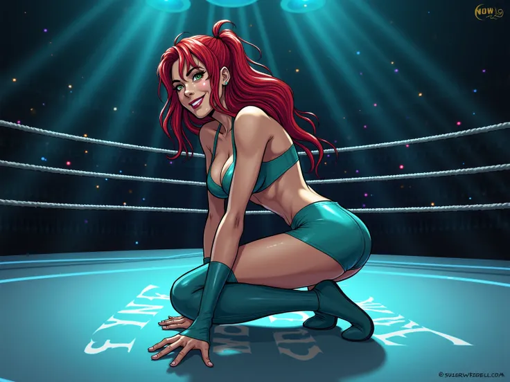 1 comic book style image of a female wrestler,  red hair,  green eyes,  aqua colored bra and panties,  with matching thigh high flat wrestling boots,  side view,  Kneeling position, one leg firmly planted for leverage while the other pushes off the mat, ar...