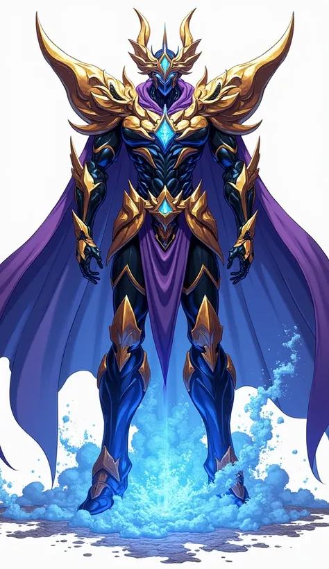 Arcane style illustration art , anime style ,  a god like thing , holding cosmic powers , blue and black purple and gold mixed armour , tall titan , in white background , 