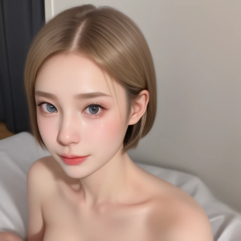 NSFW, (kawaii 18 year-old Japanese girl, highschool girl), (glossy blonde hair, very short hair, pixie cut, blue eyes, half opened eyes:1.3), (nude, naked:1.2), well shaped extra small breasts, (cum on face, semen on face:1.5), (hotel bedroom background, s...