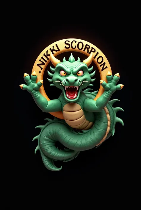 3d drawing, Logo design,  digital style , The message “NS .Nikki Scorpion", Pastel tones, There is a green Chinese dragon with arms, legs in a ring in the logo,  black background,  The text is in a gold ring.