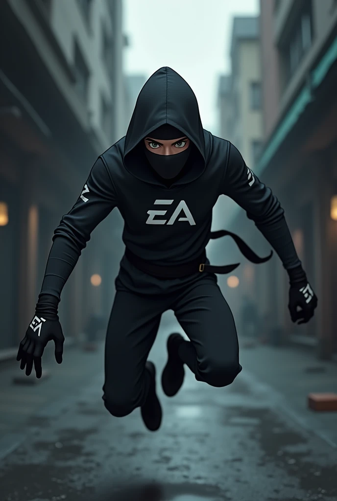 An animated black ninja with initials ea in letter letters 