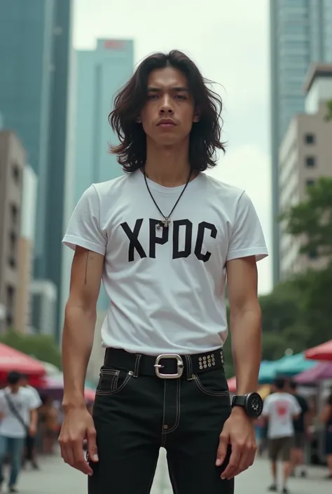 (RAW Photo), young malay man, rocker style,long hair,tight black pants, white t-shirt ((written XPDC)), nike sneakers, city centre, 1980s.