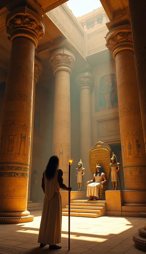 A grand ancient Egyptian throne room, with massive stone columns decorated with colorful hieroglyphics and murals depicting Egyptian gods. Musa, wearing a simple robe and holding a wooden staff, stands firmly in the center of the room, his face glowing wit...