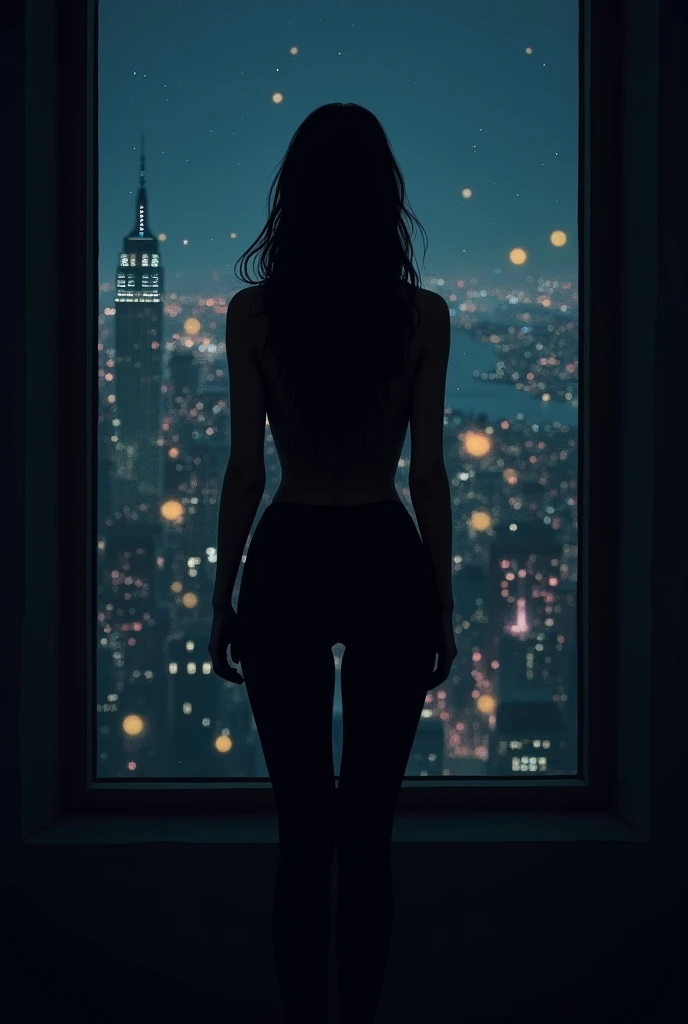 Silhouette de femme devant une vitre dans un appartement vue sur New York dans la nuit 