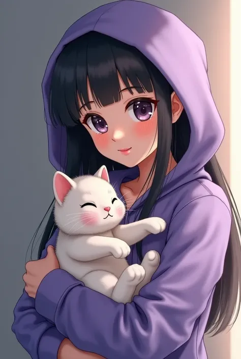 A anime girl wearing a purple hoddie, black long hair and holding a cute and fluffy cat. NO cartoon!