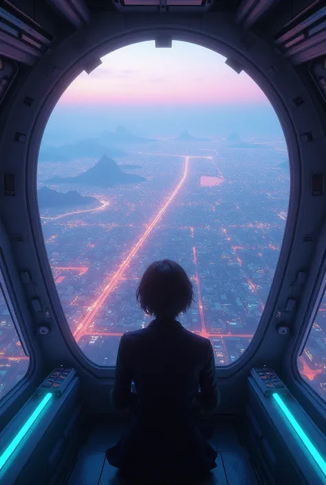 You fly over Japan from a spaceship cockpit and the city looks pink and blue