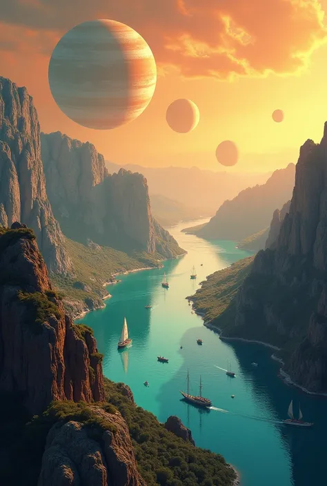 You are a realistic painter and comic book artist generate an image of a planetary system the closest one has intelligent and very advanced life the landscape is mountainous with rivers and lakes the blue-green water the inhabitants live in floating cities...