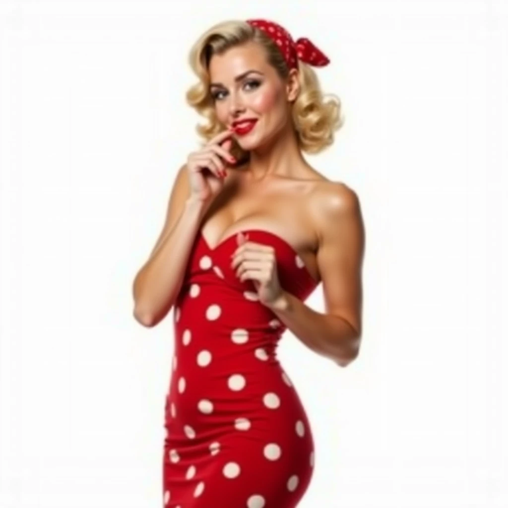 sexy, seductive, smiling, blonde pin-up girl in red dress with big polka dots, wavy short pin-up hairstyle with red bandana, kiss fingers on lips, juicy lips, curved waist, professional photography, super realism, white background