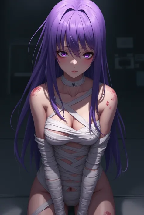 Purple-haired anime girl with bandages on her body and signs of torture