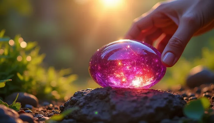 A jellybean rock in purple and red, sparkling in the sunlight as a  picks it up to examine it.