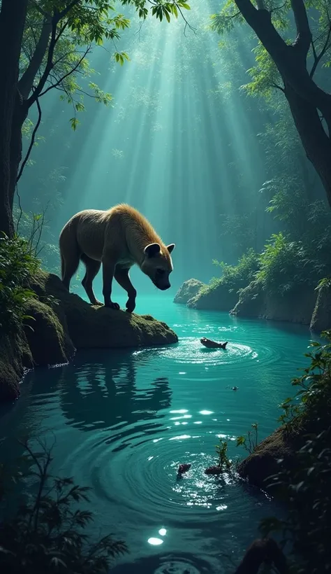 Imagine a scenario where a **hyena** and a **piranha** meet in a thrilling, otherworldly environment that suits their unique traits. Here’s a concept:  

### Scene Description:  
A **dense jungle clearing** surrounds a mysterious waterhole. The hyena, curi...