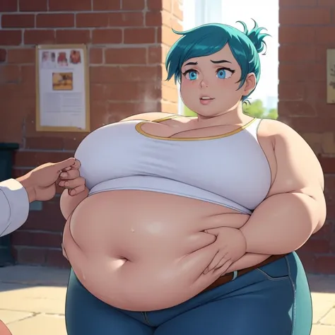 (( ultra quality)), (( masterpiece )), fat girl in her early 20s,  a fat girl alone  (( turquoise hair style of, pixie cut )), ( pretty face), (beautiful female lips), (), charming, (( Happy facial expression )),  look at the camera ,   slightly open eyes ...