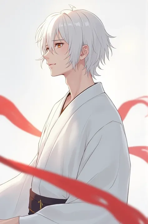 Young male medium white hair combed to the side in white kimono with a red ribbon that runs from shoulder to waist