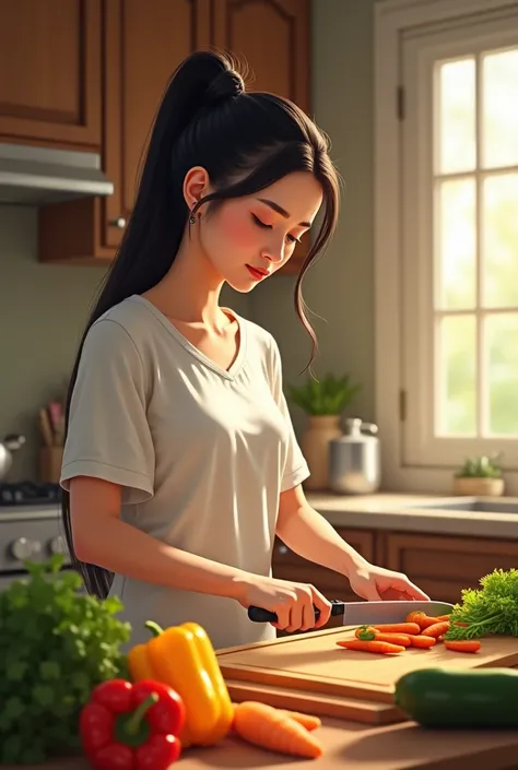 Create something that the same girl with same background chopping some vegetables 