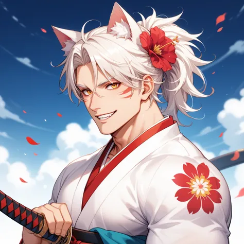 Flower repair , man with muscles and cat ears wearing kimono and having handsome face holding katana and smiling , beautiful big eyes , white straight hair short , sharp face, bangs with hair دقة عالية, آذان الذئب, الأسنان, ابتسامة عريضة, جدّيّ, handsome f...