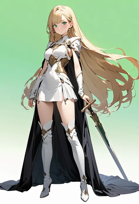 (green background:1.3), No wind, character sprite, Break, 
1 girl, (cute face), elegant, Confident Look, light smile, 19 years old, Tall, 170 cm tall,, Standing, full body, blonde long hair, hime cut, blue eyes, (medium breasts:1.2), slim, white elegant Ba...