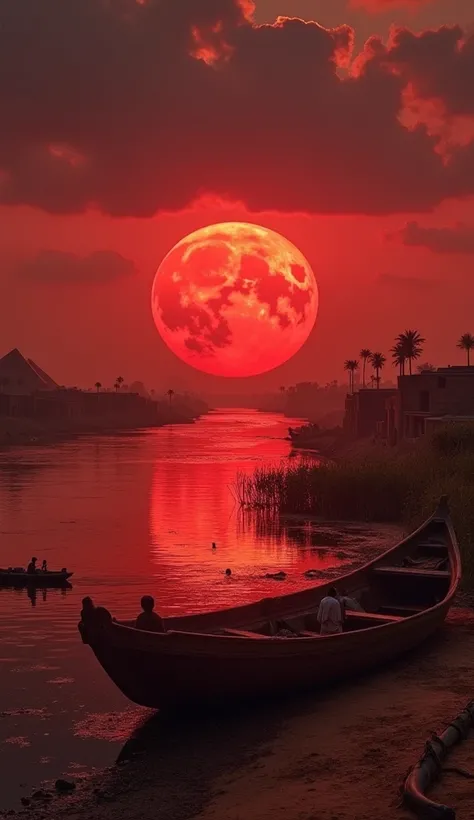 A chilling scene of the Nile River turned blood-red, with ancient Egyptian-style boats abandoned along the shore. The riverbank is dotted with papyrus plants and people in traditional Egyptian garments, looking on in horror. The sky is dark and ominous, wi...