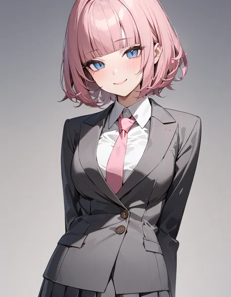 masterpiece, best quality, ultra-detailed, 1girl, pink hair, short hair, ((blunt bangs)), flipped hair, (jitome), blue eyes, medium breasts, slim, smile, {gray blazer, white business shirt, pink ribbon, dark gray pleated skirt,}, simple background, white b...