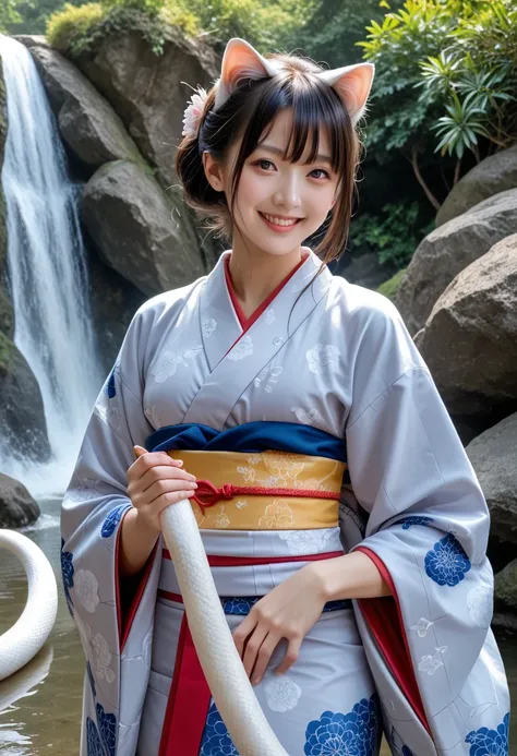 The snake is about to attack, (((Wearing a kimono):1.4)),  solemnly wears a beautiful furunose ,Im holding a white snake in the palm of my hand, Realistic beauty with cat ears , Fluffy cat ears,  kimono, Im wearing a solemn kimono, (((Dignified shawl with ...