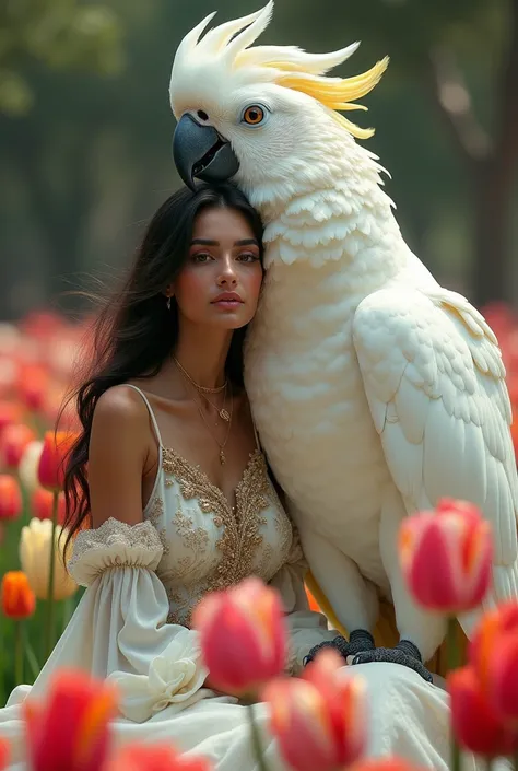 A very large parrot is on the lap of a beautiful Turkish woman, the parrot is white, the parrot is the same size as a human, with a tulip garden in the background.