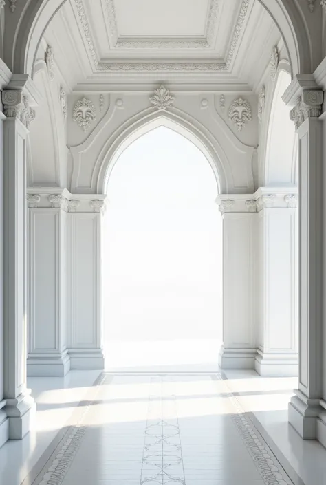 I would like a corridor that looks like a castle, entirely white with adornments on the floor and walls.