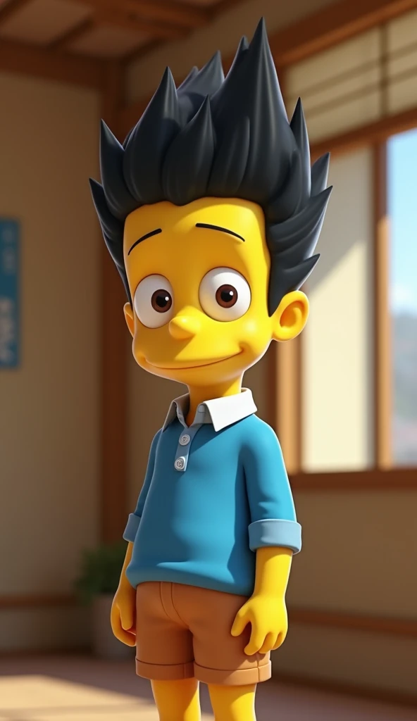 boy with big head funny happy with black hair sharp standing on end, big brown eyes, in blue shirt with white collar, long sleeve and ocher short pants, only mouth sharp like simpson movie character or in DORAEMON cartoon, in the guest room japanese interi...