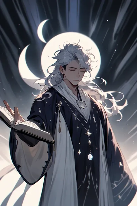 A handsome lunar Mage man, in his 20s, sharp features, wearing deep dark blue robes, white flowing hair, glowing phases of the moon embroidered into the hems and sleeves, a white moon book with symbol of moon on the back floating, rays of light coming from...