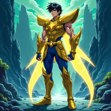 Create a Man named Elias, he has short black hair and black eyes and a black eyeshadow and a serious face, and he wears Virgos gold armor, an armor with shoulder straps and a small yellow crystal on the chest of the armor, and Elias wears blue pants plus t...