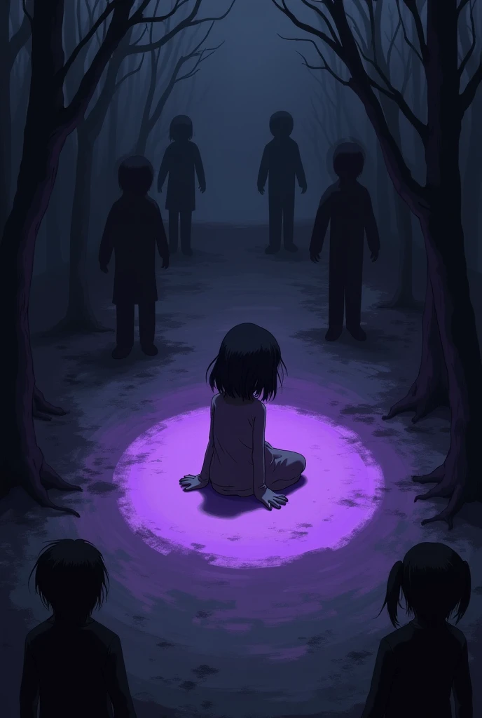 Semi realism, style type anime 1999, dark environment with creatures made of expressionless shadows in the scenery, a kind of purple oval ground imprisoning a girl in the fetal position, a theme similar to hollow knight